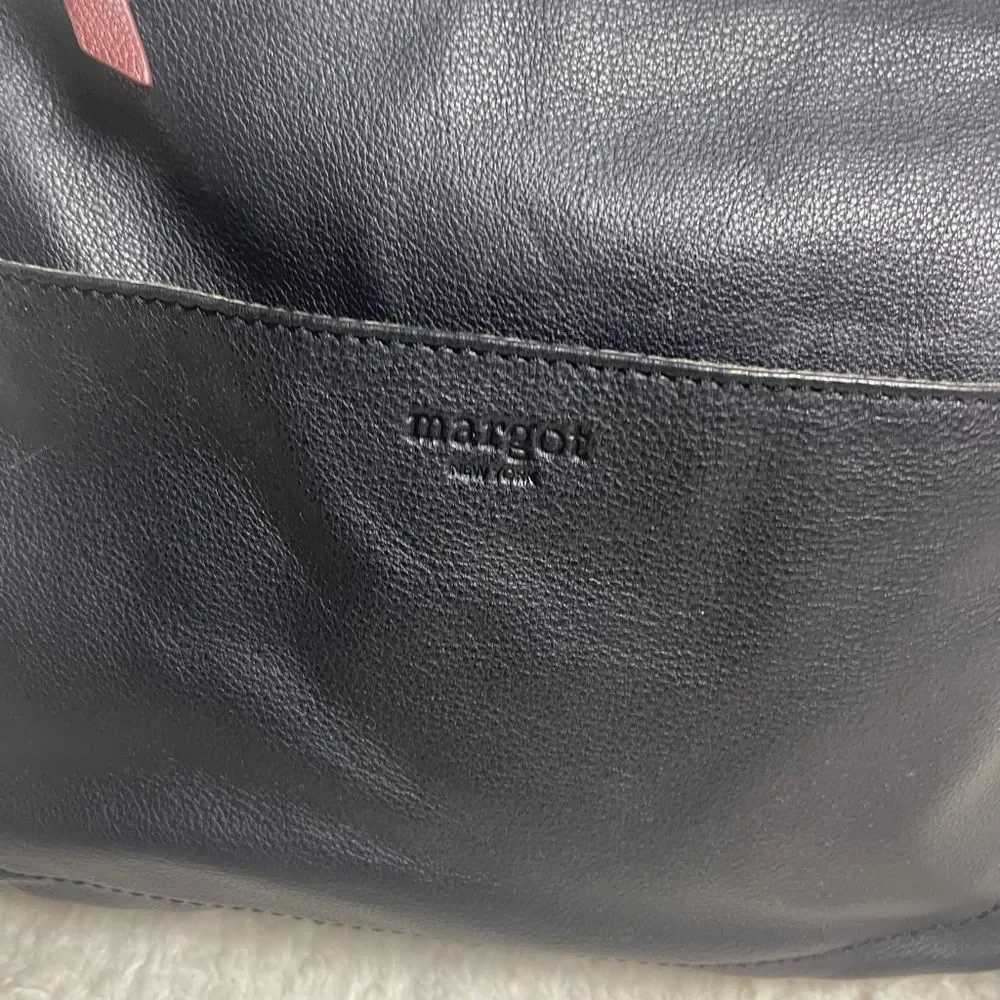 Margot Elegant Black Leather medium Shoulder Bag with Leather brown strap .
